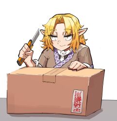  1girl blonde_hair box boxcutter brown_shirt cardboard_box closed_mouth commentary_request constricted_pupils cookie_(touhou) highres holding_boxcutter joker_(cookie) looking_down masking_tape medium_bangs medium_hair mizuhashi_parsee odoro_(nicoseiga81184094) parted_bangs pointy_ears scarf shirt smile solo touhou translated upper_body white_scarf  rating:General score:2 user:danbooru