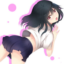 1girl against_wall ass black_hair blush from_behind looking_back open_mouth original pleated_skirt purple_eyes school_uniform simple_background skirt solo sts rating:Sensitive score:5 user:danbooru