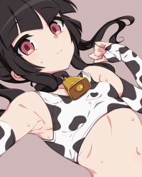 1girl animal_print bell black_hair breasts collar cow_print elbow_gloves fingerless_gloves gloves kuro_mushi looking_at_viewer navel neck_bell red_eyes senki_zesshou_symphogear shiny_skin simple_background small_breasts solo sports_bra sweat tsukuyomi_shirabe twintails rating:Questionable score:22 user:danbooru