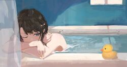  1girl bath bathing black_hair blush commentary completely_nude crossed_arms green_eyes hair_ornament head_rest highres hololive i!roha indoors looking_ahead nude one_eye_closed oozora_subaru partially_submerged rubber_duck short_hair solo symbol-only_commentary virtual_youtuber yellow_nails  rating:Sensitive score:6 user:danbooru