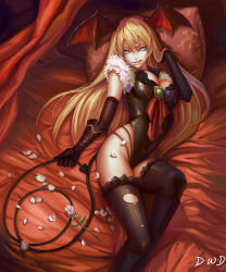  1girl :q artist_name black_thighhighs blonde_hair blue_eyes breasts dantewontdie demon_girl demon_tail elbow_gloves flower gauntlets gloves head_wings highres long_hair lying naughty_face original pillow solo tail thighhighs tongue tongue_out wings  rating:Sensitive score:89 user:danbooru