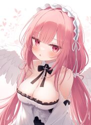  1girl :o absurdly_long_hair absurdres angel_wings arms_at_sides azur_lane bare_shoulders black_bow black_trim blunt_bangs blush bow breasts chestnut_mouth cleavage collar collarbone cross detached_collar detached_sleeves dot_nose dress expressionless feathered_wings flower frilled_dress frilled_hairband frills from_above hair_flower hair_ornament hairband highres jitome large_breasts latin_cross long_hair looking_at_viewer low_twintails nicknameokupied open_mouth perseus_(azur_lane) pink_eyes pink_hair sidelocks simple_background solo strapless strapless_dress twintails upper_body v_arms very_long_hair white_background white_collar white_dress white_hairband white_wings wings 