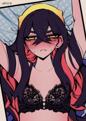  1girl arms_up black_bra black_hair blush bra breasts carmine_(pokemon) close-up closed_mouth colored_inner_hair creatures_(company) crossed_bangs full-face_blush game_freak hair_between_eyes headband highres lace lace-trimmed_bra lace_trim long_hair lying mitisu_u mole mole_under_eye multicolored_hair nintendo on_back pokemon pokemon_sv red_hair signature small_breasts solo sweat two-tone_hair underwear yellow_eyes yellow_headband  rating:Sensitive score:20 user:danbooru