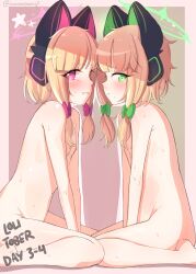  2girls absurdres animal_ear_headphones animal_ears between_legs blonde_hair blue_archive blush bow breasts closed_mouth commentary_request completely_nude fake_animal_ears from_side green_bow green_eyes green_halo hair_bow halo hand_between_legs headphones highres loli looking_to_the_side low-tied_sidelocks midori_(blue_archive) mintshiiii momoi_(blue_archive) multiple_girls nude parted_lips pink_bow pink_eyes siblings sitting small_breasts smile sweat twins twitter_username 