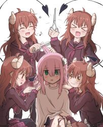  &gt;_&lt; 2023 2girls :3 :d @_@ ^_^ absurdres ahoge alternate_costume black_pantyhose black_shirt blunt_ends blush brown_eyes brushing_hair casual chiyoda_momo closed_eyes closed_mouth commentary curled_horns dated demon_girl demon_horns demon_tail english_commentary excited facing_viewer fang green_eyes hair_between_eyes hairdressing hand_on_another&#039;s_shoulder hand_up happy highres holding holding_scissors horns jitome long_hair long_sleeves looking_at_another looking_at_viewer machikado_mazoku medium_hair miniskirt multiple_girls multiple_persona musical_note navel open_mouth pantyhose pink_hair plaid plaid_skirt profile red_hair scared school_uniform scissors serafuku shirt sidelocks signature simple_background sitting skin_fang skirt smile standing straight_hair sweat tail upper_body very_long_hair viewfinder white_background yoshida_yuuko_(machikado_mazoku) yunoppi |_|  rating:General score:6 user:danbooru