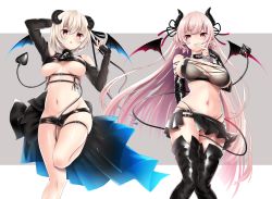  2girls bad_id bad_pixiv_id bare_shoulders black_legwear black_ribbon black_shirt black_shorts black_skirt blush boots breasts chain character_request choker closed_mouth collar copyright_request demon_girl demon_horns demon_tail detached_sleeves hair_ribbon highres horns large_breasts lips long_hair long_sleeves looking_at_viewer medium_hair miniskirt multiple_girls navel parted_lips pleated_skirt red_eyes ribbon shirt short_shorts shorts sideboob skirt tail thigh_boots thigh_strap thighhighs touwa_iyo underboob virtual_youtuber wings 
