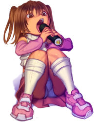  1girl bare_shoulders bingo_tarte brown_eyes brown_hair detached_sleeves eating food kneehighs knees_together_feet_apart loli makizushi midriff open_mouth panties pantyshot sexually_suggestive shoes sitting socks solo source_request sushi tongue tongue_out trefoil two_side_up underwear  rating:Questionable score:103 user:danbooru