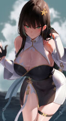  1girl absurdres baizhi_(wuthering_waves) bare_shoulders blush breasts brown_hair cleavage detached_sleeves dress flower gloves gold_trim green_eyes hair_flower hair_ornament highres large_breasts long_hair looking_at_viewer rororo see-through see-through_cleavage solo thighs wuthering_waves 
