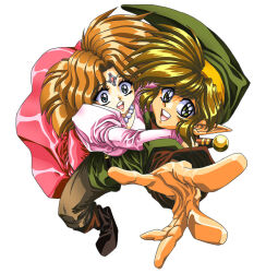  1970s_(style) 1980s_(style) 1boy 1girl blonde_hair boots brown_eyes commentary couple dennis_pulido dress elf english_commentary famicom fantasy game_console good_end happy hat highres hug jewelry link looking_at_viewer nes nintendo oldschool perspective pointy_ears princess princess_zelda reaching reaching_towards_viewer retro_artstyle scan sword teeth the_legend_of_zelda traditional_media weapon 