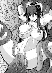  1girl blush bottomless breasts closed_mouth clothes_lift commentary_request covered_erect_nipples curvy detached_sleeves feet_out_of_frame greyscale hair_between_eyes huge_breasts kanzaki_kaori linea_alba long_hair looking_at_viewer lying monochrome navel nipples on_back purple_hair shirt shirt_lift short_sleeves solo soushin_souma stomach sweat tentacle_sex tentacles thick_thighs thighs toaru_majutsu_no_index underboob v-shaped_eyebrows white_shirt 