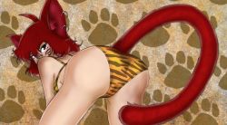  10s 1girl 2010 ahoge animal_ears animal_print ass bent_over bikini breasts cat_ears earrings from_behind jewelry kokido large_breasts original red_eyes red_hair short_hair solo swimsuit tail tiger_print underboob 