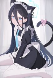  absurdly_long_hair absurdres animal_ears aris_(blue_archive) black_hair blue_archive blue_eyes blue_necktie bright_pupils cat_ears cat_tail hair_between_eyes hairband halo highres hiyayo25 long_hair maid necktie one_side_up ringed_eyes tail tie_clip tongue tongue_out very_long_hair white_pupils 