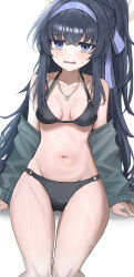  1girl absurdres bikini black_bikini blue_archive blue_eyes blue_hairband breasts hairband halo highres jewelry looking_at_viewer medium_breasts navel necklace official_alternate_costume ponytail ruruo simple_background solo swimsuit ui_(blue_archive) ui_(swimsuit)_(blue_archive) wavy_mouth white_background yellow_halo 