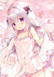  ! !! 1girl :o azumi_kazuki black_bow blush bow breasts commentary_request dress flower frilled_dress frills grey_hair hair_between_eyes hair_bow hair_intakes highres long_hair looking_at_viewer navel original panties parted_lips pink_flower purple_eyes skirt_hold sleeveless sleeveless_dress small_breasts solo spoken_exclamation_mark underwear very_long_hair white_dress white_panties wrist_cuffs 
