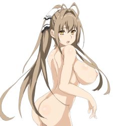  10s 1girl amagi_brilliant_park ass blush breasts brown_eyes brown_hair female_focus hair_ornament hair_ribbon hashimoto! highres huge_breasts long_hair looking_at_viewer nipples nude ponytail profile ribbon sento_isuzu simple_background solo standing very_long_hair white_background 