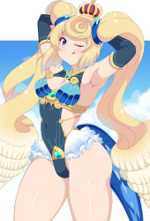  1girl :p ;) armpits arms_behind_head artist_name blonde_hair blue_eyes blue_gloves blue_one-piece_swimsuit blue_sky breasts center_opening cleavage cloud cloudy_sky cowboy_shot crown curvy elbow_gloves frilled_one-piece_swimsuit frills gloves highleg highleg_swimsuit highres kihaiu long_hair looking_at_viewer medium_breasts one-piece_swimsuit one_eye_closed outdoors presenting_armpit sheba_(xenoblade) sky smile solo swimsuit thighs tongue tongue_out twintails very_long_hair xenoblade_chronicles_(series) xenoblade_chronicles_2 