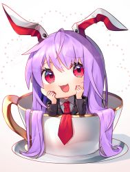  1girl animal_ears blazer blush chibi crescent crescent_pin cup dated eyelashes gunjou_row hands_on_own_chest highres in_container in_cup jacket long_hair long_sleeves mini_person minigirl nail_polish necktie purple_hair rabbit_ears red_eyes red_nails red_necktie reisen_udongein_inaba saucer smile solo teacup touhou very_long_hair white_background  rating:Sensitive score:12 user:danbooru