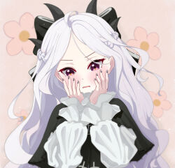  1girl alternate_costume alternate_hairstyle aruhian black_bow black_bowtie black_capelet blue_archive blush bow bowtie braid capelet commentary demon_girl demon_horns embarrassed english_commentary floral_background french_braid frilled_sleeves frills gothic_lolita grey_nails hair_bow hair_ribbon hands_on_own_cheeks hands_on_own_face head_tilt highres hina_(blue_archive) horns lolita_fashion long_hair long_sleeves looking_at_viewer nail_polish parted_bangs parted_lips purple_eyes ribbon sidelocks simple_background single_braid solo wavy_hair white_hair 