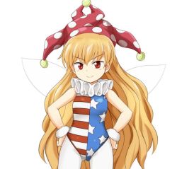  1girl american_flag animated bad_id bad_pixiv_id bare_arms bare_shoulders blinking clownpiece cowboy_shot emofuri fairy_wings hands_on_own_hips hat hirasaka_makoto_(style) jester_cap kisaragi_zwei leotard long_hair neck_ruff official_style pantyhose parody polka_dot simple_background sleeveless smile solo standing style_parody touhou ugoira very_long_hair video white_background white_pantyhose wings 