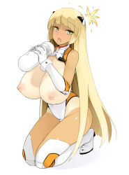  1girl artificial_vagina blonde_hair blunt_bangs blush boots breasts breasts_out covered_navel elbow_gloves gloves headgear highres huge_breasts kneeling leotard long_hair looking_at_viewer maruku nipples one-piece_tan original saliva sex_toy simple_background solo tan tanline thigh_boots thighhighs tongue tongue_out white_background white_footwear white_gloves yellow_eyes 
