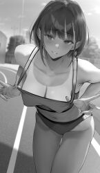  1girl absurdres bare_arms bare_shoulders blush breasts buruma cleavage collarbone commentary_request gentsuki greyscale highres large_breasts leaning_forward looking_at_viewer monochrome navel original outdoors parted_lips smile solo sports_bra stomach thighs track_and_field 