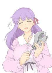  1girl anger_vein blouse cardigan closed_eyes collarbone corruption false_smile fate/stay_night fate_(series) hair_ribbon highres holding long_hair matou_sakura mo_(kireinamo) open_mouth pear_of_anguish purple_hair red_ribbon ribbon shirt smile solo torture_instruments translated upper_body white_background 