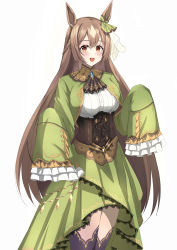 1girl :d absurdres argyle argyle_clothes argyle_dress braid breasts brown_eyes brown_hair dress frilled_shirt frilled_sleeves frills gem gold_trim green_dress hair_between_eyes hair_ornament half_updo highres horse_girl kuyoumi lace lace-trimmed_dress lace-trimmed_legwear lace_trim large_breasts long_hair looking_at_viewer multicolored_eyes open_mouth satono_diamond_(umamusume) shirt simple_background smile solo teeth thighhighs umamusume upper_teeth_only very_long_sleeves white_shirt yellow_eyes rating:Sensitive score:2 user:danbooru