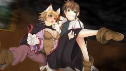  1boy 1girl alto_travers animal_ears animal_hands atelier-moo bad_source breasts brown_hair carrying cat_ears cat_girl cat_paws cleavage closed_mouth embarrassed fang feline_sora fleeing gloves green_eyes hair_between_eyes highres large_breasts long_sleeves multicolored_hair narrow_waist open_mouth paw_gloves princess_carry shoes short_hair skirt smoke streaked_hair tooth wizards_symphony 