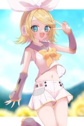  1girl aqua_eyes arm_warmers bare_shoulders blonde_hair blue_sky blurry blurry_background blush bow collarbone detached_sleeves fang flat_chest fortissimo grey_leg_warmers grey_sailor_collar grey_sleeves hair_bow hair_ornament hairclip headphones highres kagamine_rin kagamine_rin_(vocaloid4) leg_up leg_warmers looking_at_viewer midriff narrow_waist navel neckerchief nnc225 open_mouth pale_skin piano_print pleated_shorts sailor_collar see-through see-through_sleeves shirt shirt_bow skin_fang skinny sky sleeveless sleeveless_shirt smile solo treble_clef v v4x vocaloid white_bow white_shirt yellow_bow yellow_nails yellow_neckerchief 