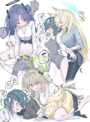  4girls absurdres animal_ear_fluff animal_ears arm_grab black_halo black_pantyhose black_skirt black_vest blonde_hair blue_archive blue_halo blue_shirt blush bottomless breasts cleavage clothed_sex cum cum_on_ass cum_on_body cum_on_stomach cum_overflow drooling female_sensei_(blue_archive) futa_with_female futanari girl_on_top green_eyes green_hair green_halo hair_bun half-closed_eyes halo highres jacket kanna_(blue_archive) large_breasts light_brown_hair long_hair long_sleeves lying missionary multicolored_hair multiple_girls navel nonomi_(blue_archive) on_back on_stomach open_mouth pantyhose purple_eyes purple_hair sensei_(blue_archive) sex sex_from_behind sharp_teeth shirt short_hair single_side_bun skirt speech_bubble standing standing_sex streaked_hair teeth translation_request vest vivo_(vivo_sun_0222) white_shirt yellow_jacket yuuka_(blue_archive)  rating:Explicit score:75 user:danbooru