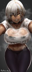1girl abs aestheticc-meme assertive_female borrowed_character breasts clothes_writing collar curvy dark-skinned_female dark_skin grey_hair heart heart-shaped_pupils highleg highleg_panties highres huge_breasts large_breasts looking_at_viewer muscular muscular_female navel original panties pov see-through shirt short_hair smile solo sweat symbol-shaped_pupils teeth thick_thighs thighs underwear wet wet_clothes wet_shirt yellow_eyes rating:Sensitive score:225 user:danbooru