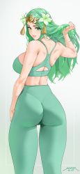 1girl ass back bare_shoulders blush breasts circlet commentary female_focus fire_emblem fire_emblem:_three_houses flower green_eyes green_hair green_pants hair_flower hair_ornament high-waist_pants highres large_breasts long_hair looking_at_viewer looking_back matching_hair/eyes nintendo pants parted_bangs rhea_(fire_emblem) sendo_(sendrawz) skindentation smile solo sports_bra tassel thighs tight_clothes tight_pants workout_clothes yoga_pants rating:Sensitive score:249 user:danbooru