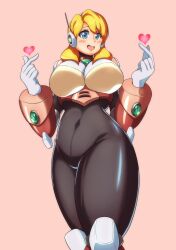 1girl absurdres alia_(mega_man) android armor blonde_hair blue_eyes blush bodysuit breasts capcom gloves heart highres kotatuman_dash large_breasts looking_at_viewer mega_man_(series) mega_man_x_(series) pink_armor robot robot_ears smile solo standing thick_thighs thighs white_gloves wide_hips