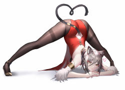1girl absurdres alternate_costume animal_ear_fluff animal_ears arknights arm_support armlet ass bare_shoulders black_pantyhose breasts cat_ears cat_girl cat_tail closed_mouth clothing_cutout commentary_request dress full_body guilty_gear guilty_gear_strive heart heart_tail high_heels highres jack-o&#039;_challenge long_hair looking_at_viewer medium_breasts own_hands_together pantyhose red_dress rib_(rib_delesetong) schwarz_(arknights) silver_hair simple_background smile solo spread_legs tail tail_ornament tail_ring tail_through_clothes thighband_pantyhose top-down_bottom-up white_background yellow_eyes rating:Sensitive score:45 user:danbooru