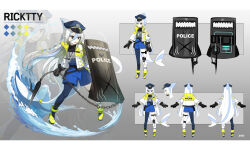  1girl black_gloves blue_shorts braid character_name character_sheet fighting_stance full_body gloves hair_between_eyes highres knee_pads long_hair open_mouth original riot_shield shark_girl shield shorts signature single_knee_pad single_leg_pantyhose water xing_(gloryxing) yellow_footwear 