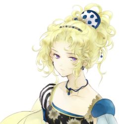  1girl alternate_costume amano_yoshitaka_design blonde_hair blue_eyes breasts closed_mouth crop_top earrings final_fantasy final_fantasy_vi jewelry looking_at_viewer medium_hair mochineko official_alternate_costume ponytail simple_background striped tina_branford vertical_stripes white_background 