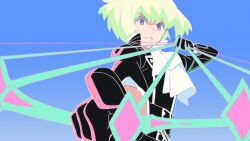 1boy aiming aiming_at_viewer anime_screenshot ascot bow_(weapon) green_hair highres holding holding_weapon lio_fotia looking_at_viewer outdoors promare purple_eyes solo weapon
