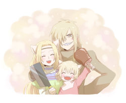  00s 1boy 2girls age_difference animal_ears bad_id bad_pixiv_id blonde_hair boned_meat cat_ears child cleaver couple closed_eyes family fangs father_and_daughter food grin happy hetero meat memusu mother_and_daughter multiple_girls aged_up sharp_teeth smile teeth tengen_toppa_gurren_lagann toufuno tsuuma viral_(ttgl) yellow_eyes 