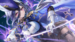  1girl ascot blue_capelet blue_dress blue_hat breasts brown_pantyhose capelet clorinde_(genshin_impact) corset dress earrings elbow_gloves electricity epaulettes eric_(tianqijiang) genshin_impact gloves hair_ribbon hat jewelry large_breasts long_hair long_sleeves looking_at_viewer low_ponytail pantyhose parted_bangs purple_eyes purple_hair ribbon solo sword thigh_strap thighs tricorne vision_(genshin_impact) weapon white_gloves 