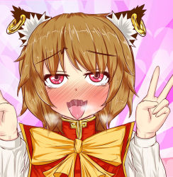  1girl ahegao animal_ears blush brown_hair chen dollar538 double_v earrings female_focus jewelry looking_at_viewer open_mouth pink_eyes ribbon saliva short_hair solo tears tongue touhou v 