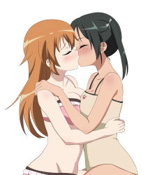  2girls absurdres bikini blush breasts charlotte_e._yeager cleavage closed_eyes daichi777zz francesca_lucchini french_kiss green_hair hair_ribbon hand_on_another&#039;s_shoulder highres hug kiss large_breasts long_hair medium_hair multiple_girls navel orange_hair pink_bikini ribbon simple_background small_breasts strike_witches swimsuit white_background world_witches_series yuri 