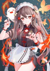  1girl boo_tao_(genshin_impact) brown_hair flower-shaped_pupils genshin_impact hu_tao_(genshin_impact) looking_at_viewer maid red_eyes smile solo standing symbol-shaped_pupils twintails yutukicom 
