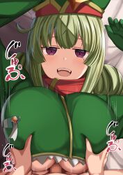  1boy 1girl absurdres ahoge alternate_breast_size araga_kiwi blush breasts breasts_squeezed_together censored clothed_female_nude_male coat commentary_request double_bun green_hair green_hat green_sleeves hair_bun hat hetero highres huge_breasts jacket leoparde_(mahou_shoujo_ni_akogarete) looking_at_viewer mahou_shoujo_ni_akogarete mero_en_e military_coat military_hat military_jacket mole mole_under_eye mosaic_censoring nude open_mouth paizuri paizuri_under_clothes penis perpendicular_paizuri pov pov_crotch simple_background smile solo_focus translation_request very_long_sleeves  rating:Explicit score:6 user:danbooru