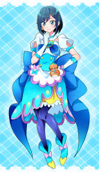  1girl absurdres ankle_boots back_bow blue_background blue_bow blue_dress blue_footwear blue_hair blue_pantyhose blue_ribbon bob_cut boots bow braid brooch closed_mouth clothing_cutout commentary_request cosplay cure_spicy cure_spicy_(cosplay) delicious_party_precure dress earrings full_body fuwa_kokone green_eyes hair_ornament hairclip hand_on_own_chin hand_on_own_hip heart heart_brooch high_heel_boots high_heels highres huge_bow jewelry looking_at_viewer medium_dress mitsuki_tayura neck_ribbon pam-pam_(precure) pantyhose partial_commentary precure ribbon self_cosplay smile solo standing twitter_username 