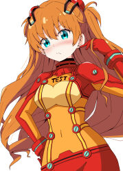  1girl absurdres aikawa_ryou blue_eyes blush bodysuit breasts brown_hair closed_mouth commentary_request covered_navel gloves hair_between_eyes hand_on_own_hip hand_up highres long_hair medium_breasts neon_genesis_evangelion nose_blush orange_bodysuit plugsuit red_gloves simple_background solo souryuu_asuka_langley very_long_hair white_background 