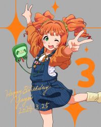  1girl bag blush dated double_v green_eyes handbag happy_birthday highres hood hoodie idolmaster idolmaster_(classic) long_hair looking_at_viewer one_eye_closed open_mouth orange_hair overall_skirt ryubii_(pokespruby) smile solo standing standing_on_one_leg takatsuki_yayoi twintails v 