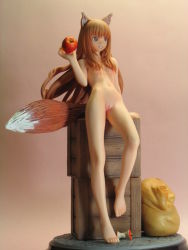  animal_ears apple bag box brown_eyes cleft_of_venus cm&#039;s_corporation core corn figure flat_chest food fruit full_body gutto_kuru highres holo long_hair navel nude photo_(medium) pussy red_hair skinny smile spice_and_wolf tail wolf_ears wolf_tail 