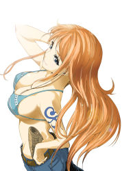  1girl alternate_eye_color belt bikini bikini_top_only blue_bikini blue_eyes breasts cleavage collarbone denim from_above from_side highres jeans large_breasts long_hair map nami_(one_piece) one_piece orange_hair pants sagatsune simple_background smile solo standing strap_gap swimsuit tattoo white_background  rating:Sensitive score:144 user:BZR