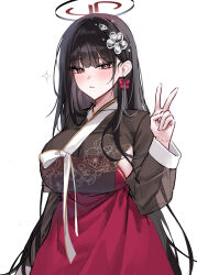  1girl absurdres alternate_costume black_hair blue_archive blush breasts hair_ornament halo hanbok highres korean_clothes large_breasts long_hair long_sleeves open_mouth raki_kr red_eyes rio_(blue_archive) see-through see-through_sleeves sideboob simple_background solo white_background 