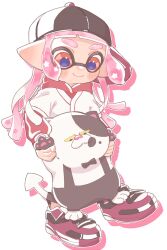  1girl baseball_cap black_hat closed_mouth hair_ornament hat highres inkling inkling_girl inkling_player_character judd_(splatoon) kome_626 long_hair nintendo orange_eyes pawpads pink_hair pointy_ears shoes simple_background smile splatoon_(series) star_(symbol) star_hair_ornament tentacle_hair thick_eyebrows white_background 